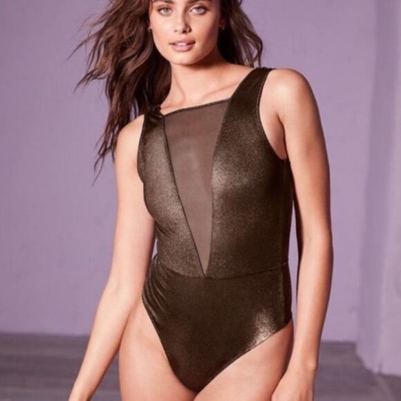 Victoria’s Secret Metallic Gold Bronze Plunge Bodysuit NWTs size small - Picture 1 of 7